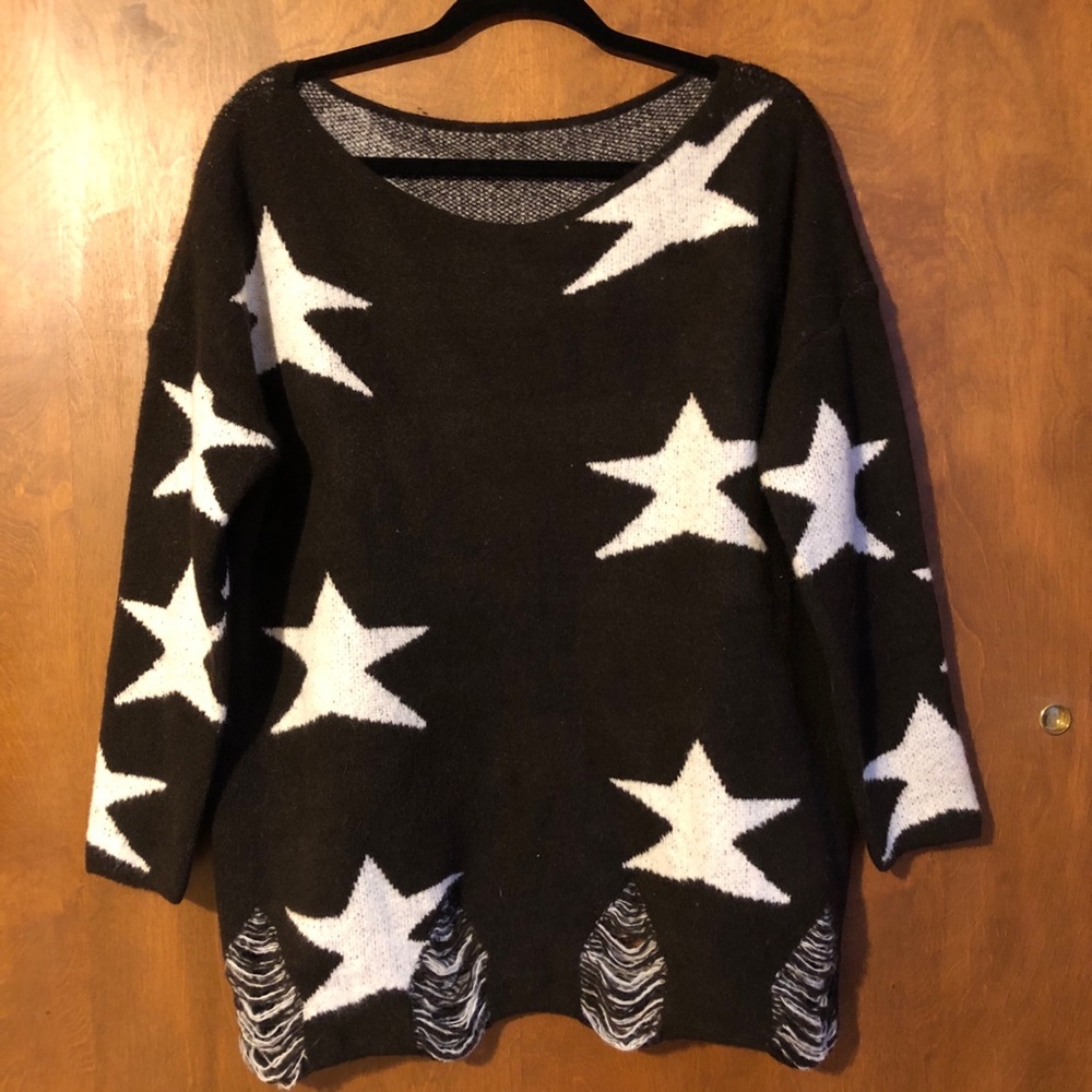 Distressed Knit Star Sweater Brown & White Size XL